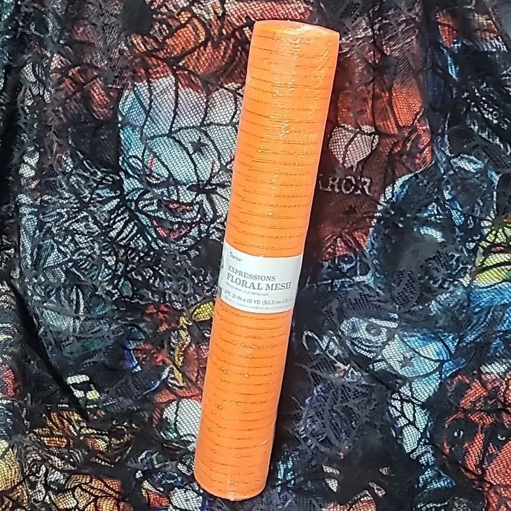 Floral Deco Mesh Roll - Orange with Orange Metallic Accents